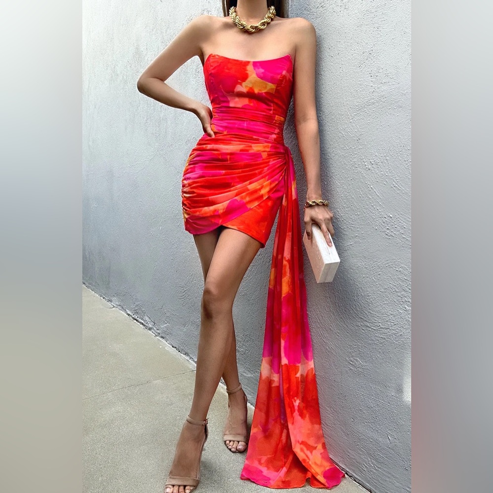 RUNAWAY THE LABEL - DEVANTE MINI SASH DRESS - ORANGE FLORAL - SIZE S